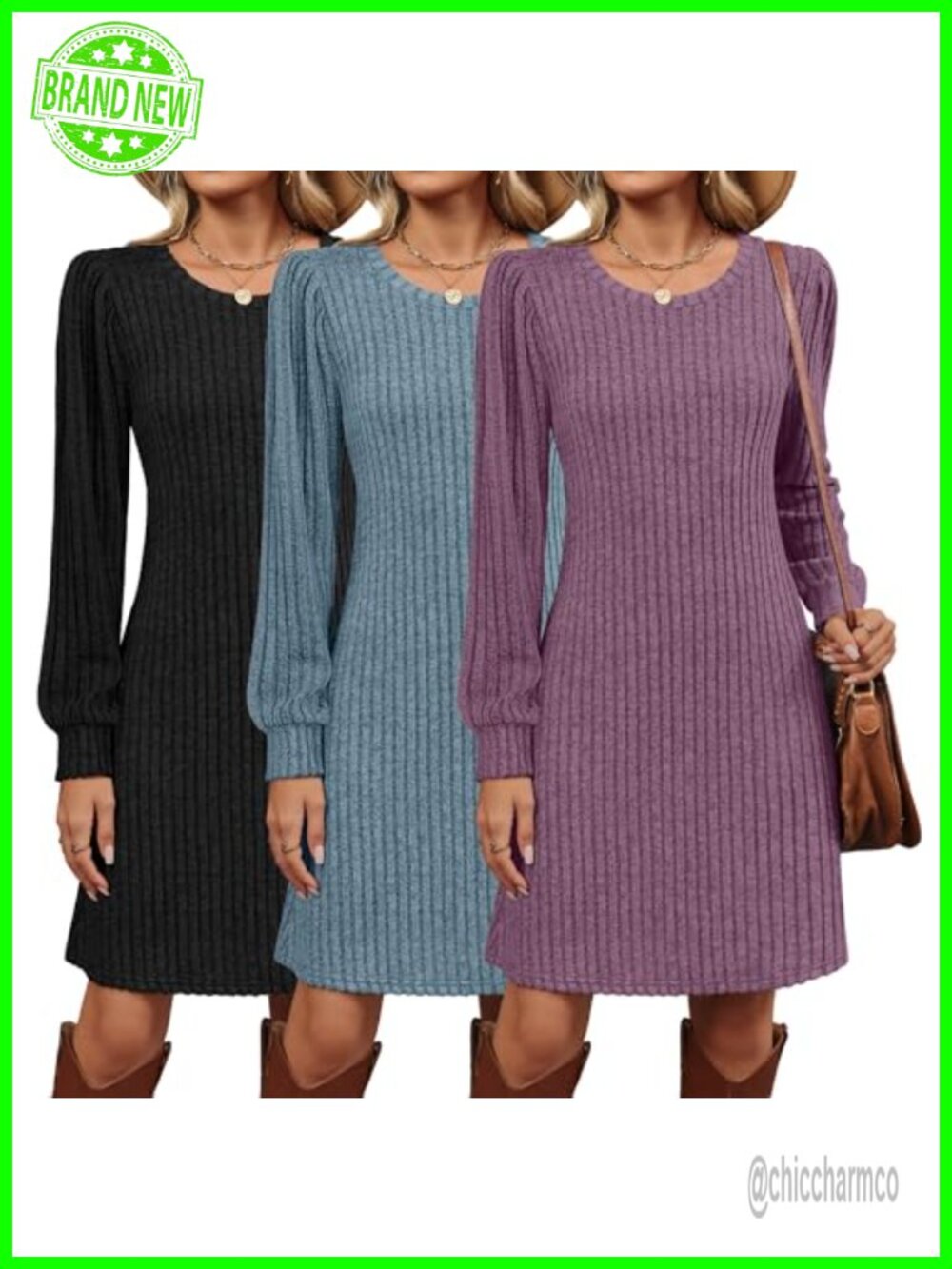 3 Pack Womens Long Sleeve Ribbed Knit Sweater Dress A-Line Knee Length